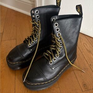 Dr. Martens Black Leather Platform Lace-Up Boots with Yellow Accents